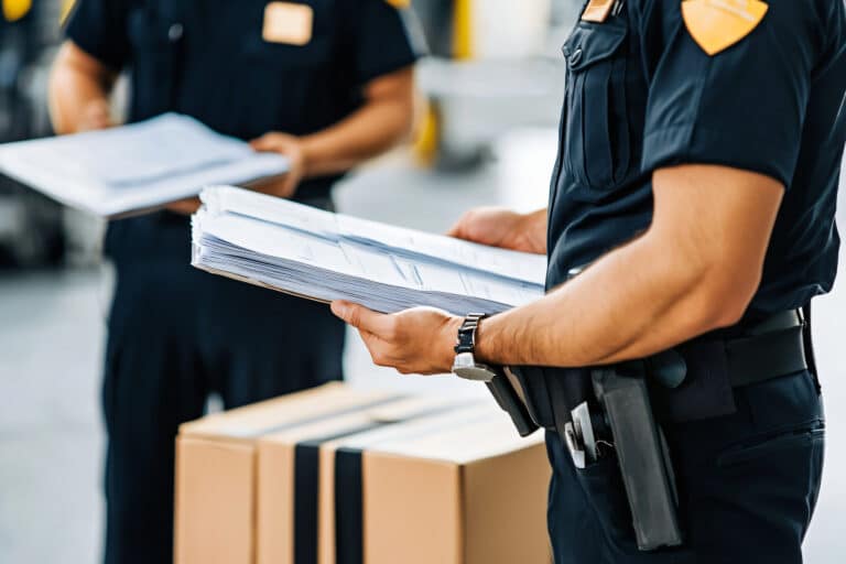 Customs officers checking cargo documents, border facility backdrop