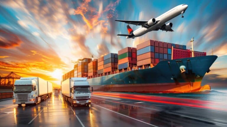 Fast paced transport logistics scene with cargo ship and airplane.